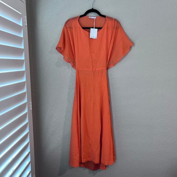 New Zara Open Back Dress Orange 0085/337 Dolman Sleeve Cotton Large NWT - Picture 3 of 8